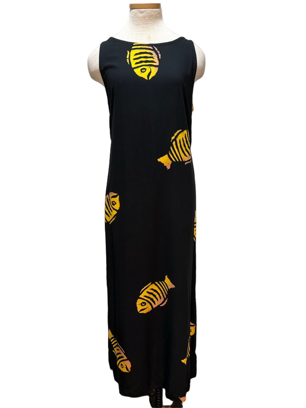 Makahawaii Beachwear Sz L black maxi dress with yellow fish pattern